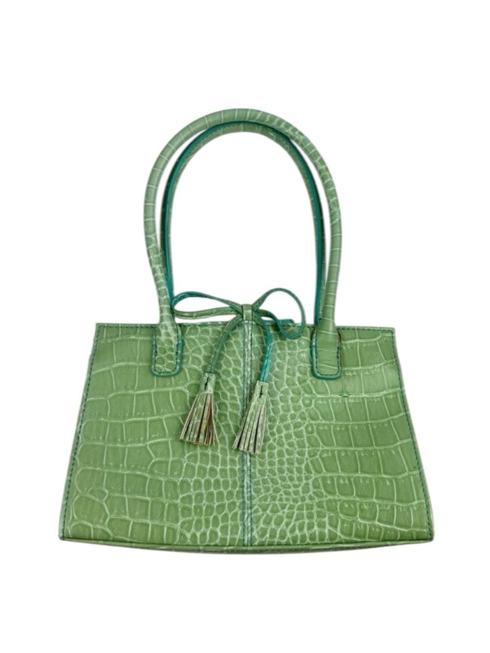 VTG Liz Claiborne Green Croc-Embossed Tote Bag with Tassel Accent